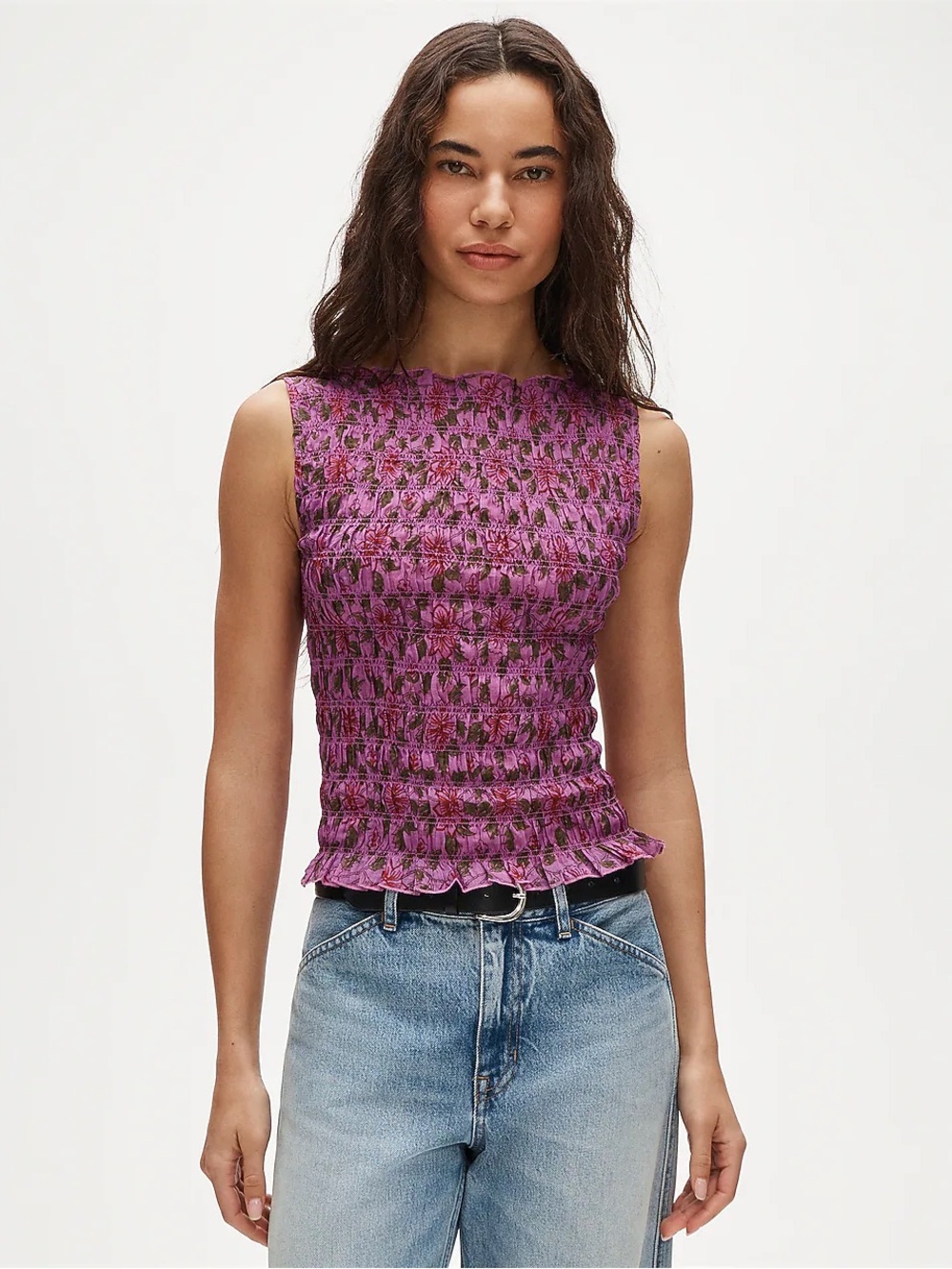 J. Crew Small Smocked Shell Tank Top in Floral-Print Ramie